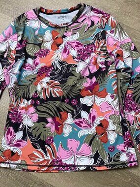 Roxy Long Sleeve Rash Guard Swim Top Floral Hawaiian Print Size M Lightweight